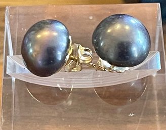 14K Gold & Large Grey Freshwater Pearl Honora Earrings In Original Box Total Weight 3.2 Grams