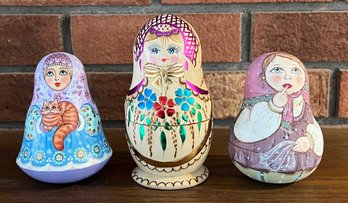 Vintage Hand Painted Signed Russian Nesting Doll (as Is) And (2) Nesting Doll Bells
