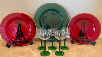 Vietri Metallic Emerald Art Glass Charger, (2) Ruby Art Glass Plates, (5) Green Stem Wine Glasses