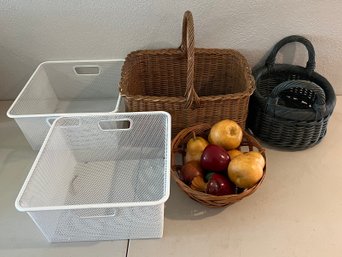 (5) Metal And Wicker Baskets With Faux Resin Fruit