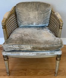 Vintage Lewittes Furniture Armchair With Rattan Back And Blue Felt Cushions And Arms