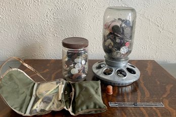 Jar And Bird Feeder Full Of Vintage Buttons With Material Travel Sewing Kit