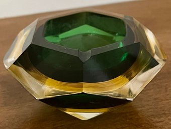 Vintage Murano Faceted Geode Art Glass Emerald Green Ashtray