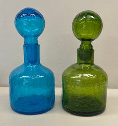 Vintage Hand Blown Green And Blue Crackle Glass 8' Decanters With Ball Stoppers