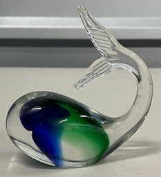 Hand Blown Art Glass Blue And Green Whale Paper Weight