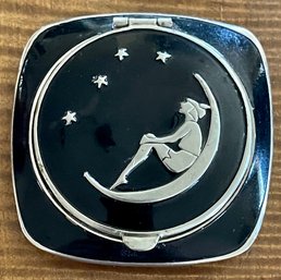 Vintage Art Deco Boy Sitting On Moon And Stars Black Enamel Powder And Rouge Compact With Puff