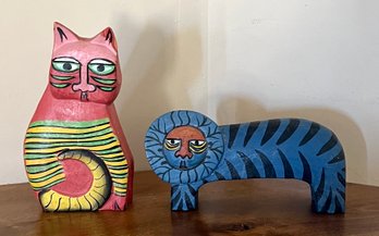 (2) Wood Hand Painted And Carved Folk Art Cat Figurines