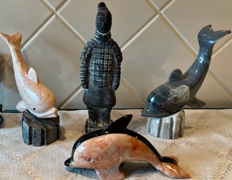 Vintage Figurine Lot With Stone Carved Dolphins, And More