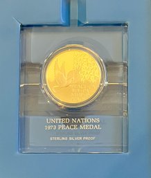 1973 Franklin Mint Sterling Silver United Nations Peace Medal With Paperwork, Original Box, & Plastic Case