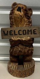 Vintage Hand Carved 22' Wood Bear With Reversable Welcome And Go Away Sign