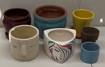 Small Ceramic And Pottery Planter Lot - Faces And Assorted Color