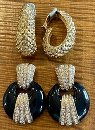 Ciner 80's Designer Vintage  Runway Earrings - Gold Tone And (1) Black & Gold Tone With Clear Rhinestones
