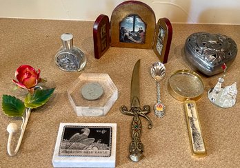 Vintage Dresser Lot - Eagle Paper Weight, 1971 Liberty Half Dollar, Perfume Jar, Enamel Rose, , And More