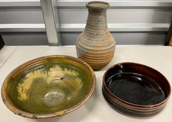 (3) Signed Studio Pottery - Chris Dysart Bowl Manitou Springs Colorado 1992, Vase, And Large Serving Bowl