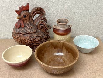 Vintage Pottery Lot Including Signed 1967 E. Schultz Rooster Cookie Jar,  USA Bowl, Milk Jug, And More