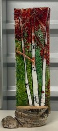 Hand Made Signed Stained Glass 13' Aspen Tree Panel On Wood Base