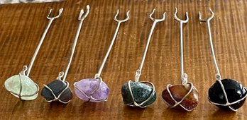 6 Vintage Sterling Silver And Natural Stone Cocktail - Hors D'Oeuvres Picks - Amethyst - Onyx - Jasper  & More