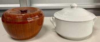 Cordon Bleu Covered Casserole Dish And A Vintage Faux Wood Apple Shaped Lidded Bowl