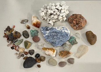 Assorted Mineral And Specimen Lot - 7' Coral, Polished Pieces, Quartz Crystals, And More