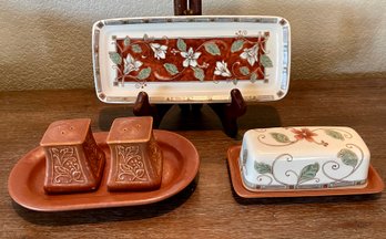 Pfaltzgraff Mission Flower Serving Pieces - Butter Dish - Salt & Pepper With Tray - Octagonal Serving Plate