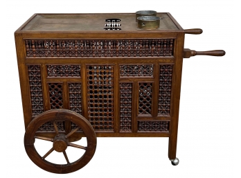 Vintage Genuine Moroccan Mashrabiya Teak Tea Caddy (as Is) With Copper Top And Burners