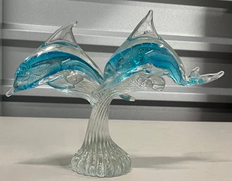 Murano Controlled Bubble Hand Blown Art Glass 8.5'H Blue And Clear Dolphins