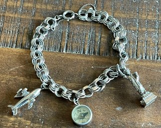 Sterling Silver Charm Bracelet - Airplane, Compass, Statue Of Liberty - Weighs 22 Grams