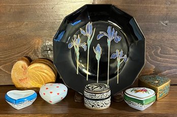 Otagiri Blue Iris Plate With Assorted Trinket Dishes, Limoges, Porcelain, Wood, & Lacquer