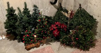 Assorted Faux Christmas Trees And Greenery - 7' Small Lighted, Wood Wagon