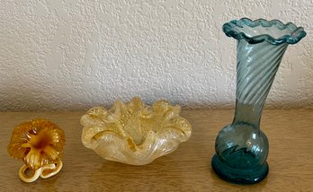 Hand Made Venetian Vetro Made In Murano Bowl, Art Glass Flower, And Hand Blown Mexican Vase