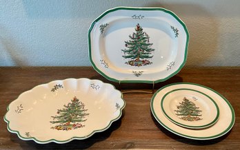 Spode England Christmas Tree (2) Large Servings Trays And Multi Tray Pieces