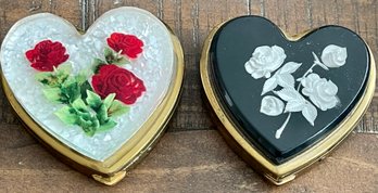 2 Vintage Lucite And Rose Heart Brass Compacts With Mirrors And Inserts (1 Has Powder Puff)