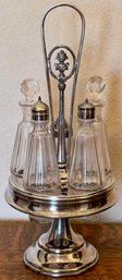 Antique Silver Plate Cruet Set With Stand And Crystal Bottles