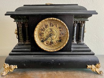 Antique FS Mantle Clock With Decorative Brass Feet And Lion Handles