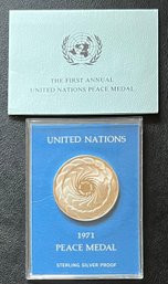 1971 Sterling Silver Proof Franklin Mint First Annual United Nations Peace Medal With Case, Box, And Paperwork