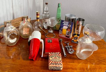 Vintage Bar Lot With Dazey Corp. Enamel Ice Grinder With Mount, Cognac Warmer, Drink Mixer, And More