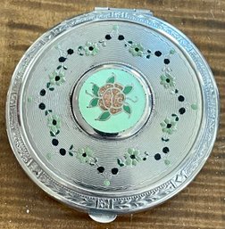 Vintage Guilloche Art Deco Enamel And Silver Floral Loose Powder Compact With Puff