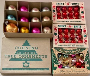 (3) Boxes Of Shiny Bright Miniature Ornaments, (1) Box Of Corning All American Ornaments