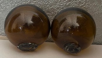 Pair Of Vintage Japanese Amber Glass Fishing Floats