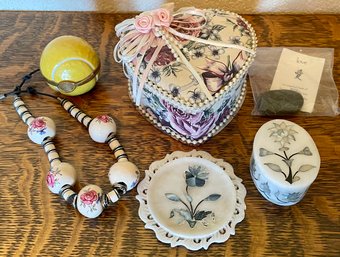 Dresser Lot - Alabaster And Shell Inlay Trinket Box And Plate, Painted Pottery Bead Necklace, Tennis Ball Dish