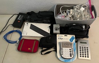 Assorted Electronics And Cables - Logitec Keyboard, Apple Chargers And Headphones, Cameras And More