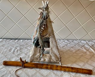 Hand Made Tree Bark Teepee And A Wood Musical Instrument
