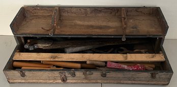 Antique Handmade Dove Tail Wooden Tool Chest With Original Hardware And Cointents