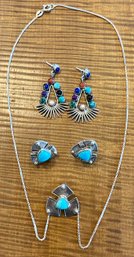 Sterling Silver 925 Signed Gas Turquoise Earrings & Pendant- Multi Stone Earrings - Malachite - Onxy - MOP