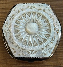 Vintage Ornately Carved Mother Of Pearl And Gold Tone Compact