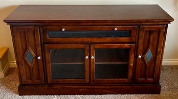 Dark Wood Glass From Media Stand With Bottom Storage, Drop Front, And Drawers