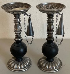 Pair Of Vintage Silver Tone Wood Base 9.5' Candle Holder With Snuffers On Chains