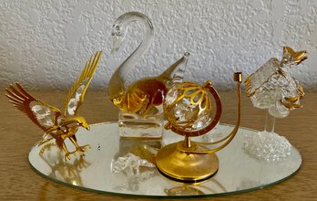 Miniature Art Glass Lot With Mirror - Eagle With Gold Trim, Swan, Bird House, And More