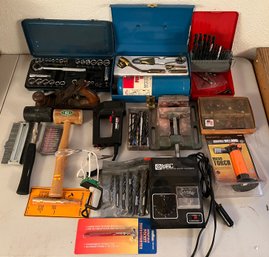 Large Lot Of Assorted Tools And Hardware - Socket Set, Vice Clamp, Blow Torch, Drill Bits,  And More