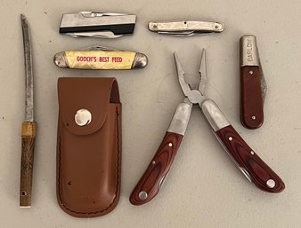 Assorted Vintage Advertising Pocket Knives With Letter Opener, And Handled Multitool